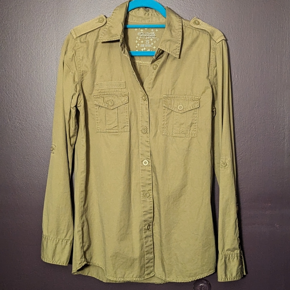 Green button up military style top 100% cotton juniors sz Small